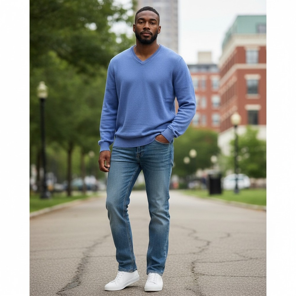 Jos. A. Bank V-Neck Sweater M Blue Excellent 100% Pima Cotton Signature Pullover